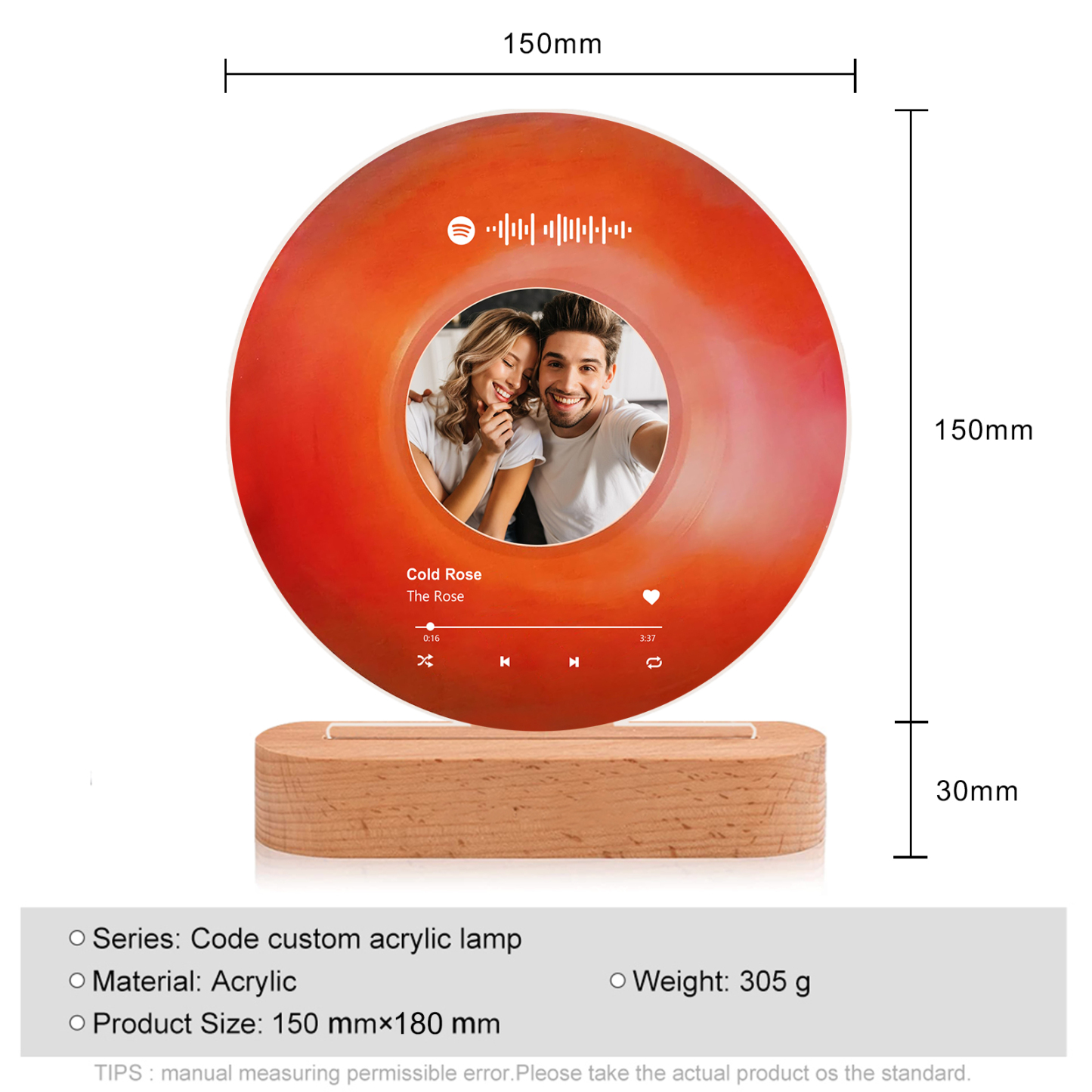 Personalised LED Photo Night Light with Custom Spotify Code, Photo & 2 Texts – 6 Styles Available – Valentine’s Day Gift for Him/Her | Jessemade