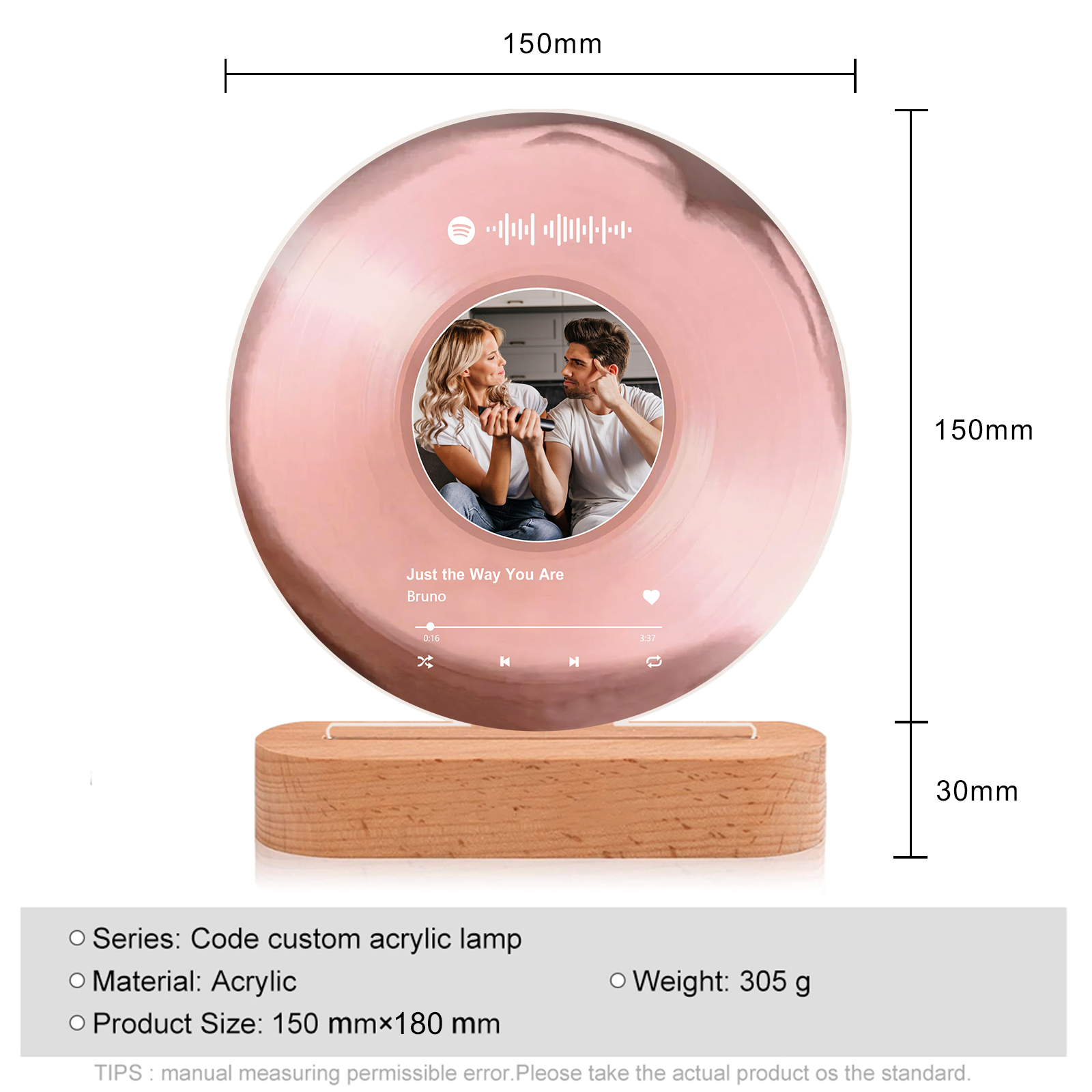 Personalised LED Photo Night Light with Custom Spotify Code, Photo & 2 Texts – 6 Styles Available – Valentine’s Day Gift for Him/Her | Jessemade