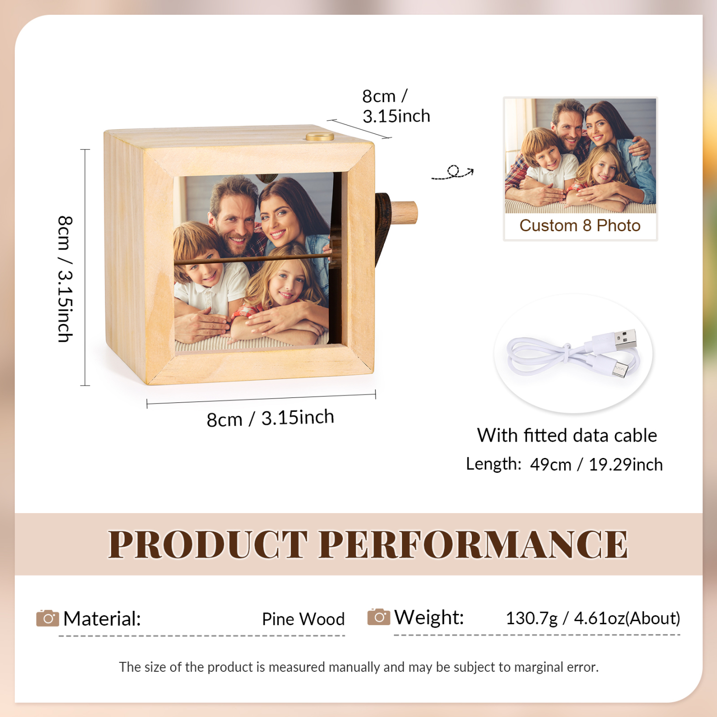 Album Fotografico Manuale Personalizzabile con 8 Foto | Disponibile in 3 Colori (Legno Naturale, Noce Scuro, Giallo) | Idea Regalo per la Famiglia e gli Amici |  Jessemade