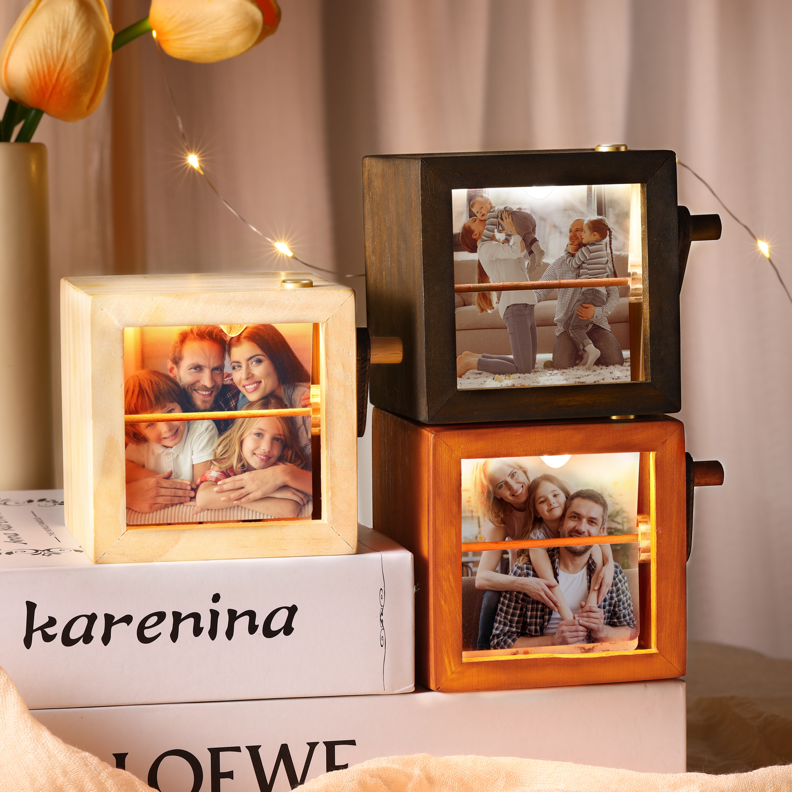 Album Fotografico Manuale Personalizzabile con 8 Foto | Disponibile in 3 Colori (Legno Naturale, Noce Scuro, Giallo) | Idea Regalo per la Famiglia e gli Amici |  Jessemade