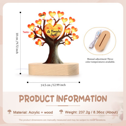 Lampada LED Personalizzata con Albero Genealogico – Con 1 Nome & 1 Testo – Idea Regalo Perfetta per la Festa della Mamma