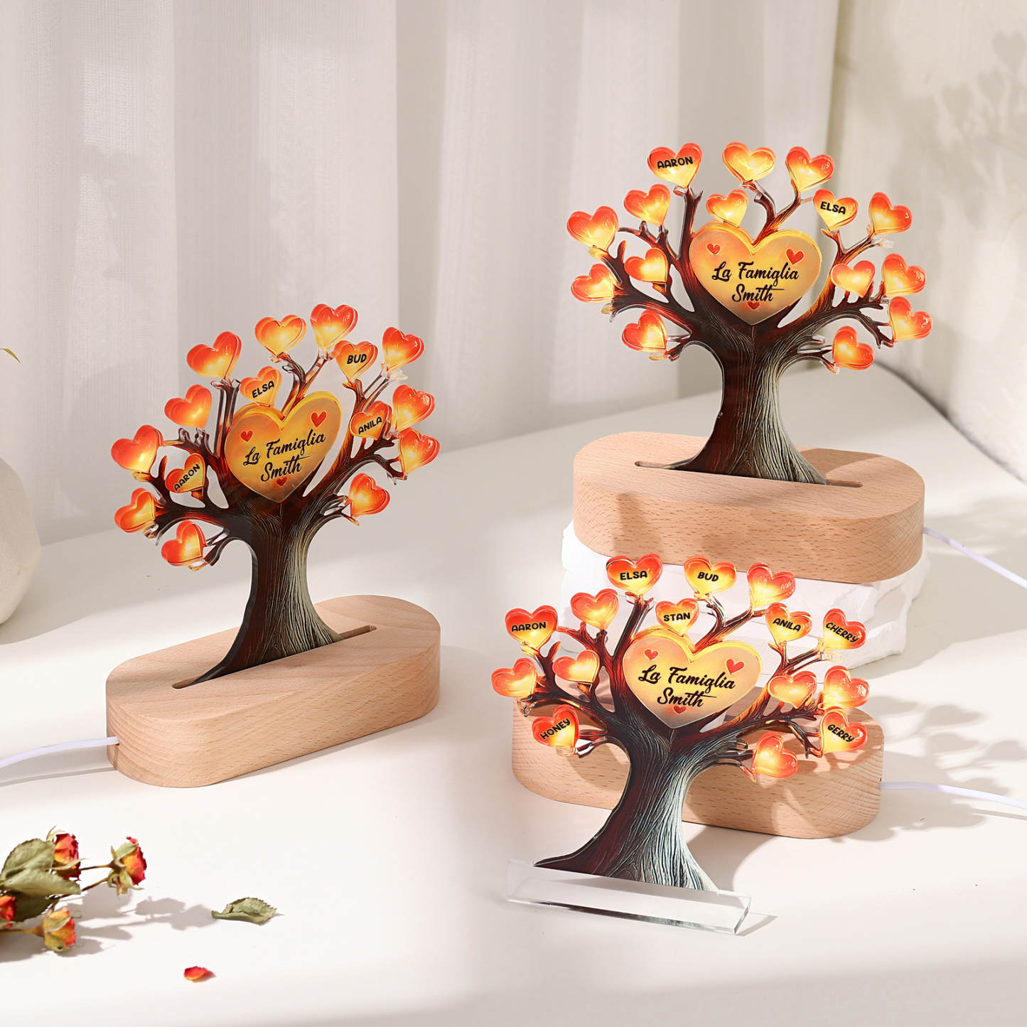 Lampada LED Personalizzata con Albero Genealogico – Con 3 Nomi & 1 Testo – Idea Regalo Perfetta per la Festa della Mamma
