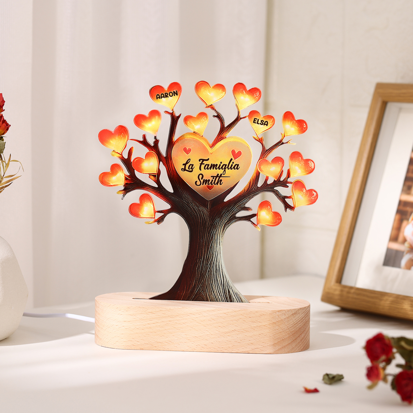 Lampada LED Personalizzata con Albero Genealogico – Con 2 Nomi & 1 Testo – Idea Regalo Perfetta per la Festa della Mamma