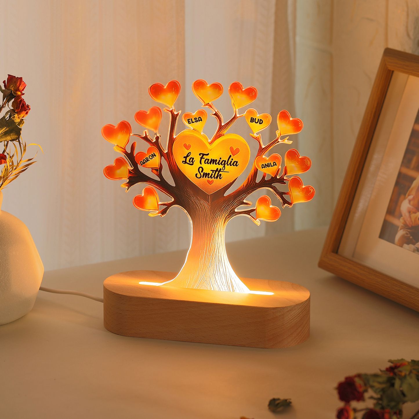 Lampada LED Personalizzata con Albero Genealogico – Con 4 Nomi & 1 Testo – Idea Regalo Perfetta per la Festa della Mamma