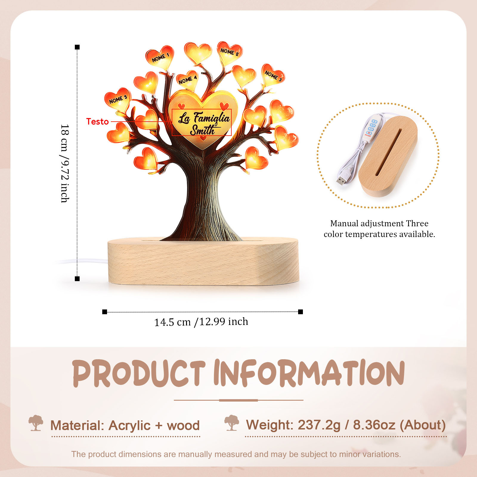 Lampada LED Personalizzata con Albero Genealogico – Con 5 Nomi & 1 Testo – Idea Regalo Perfetta per la Festa della Mamma