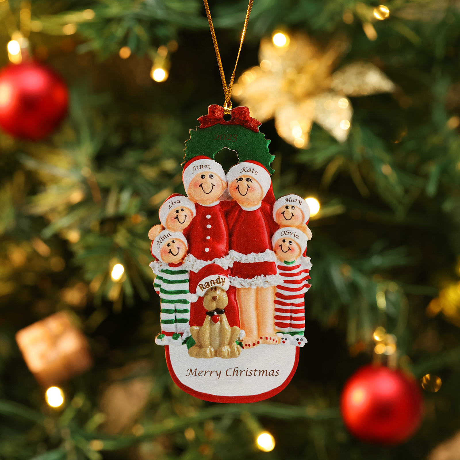 Famiglia in vestito natalizio con cane carino 7 nomi personalizzabili