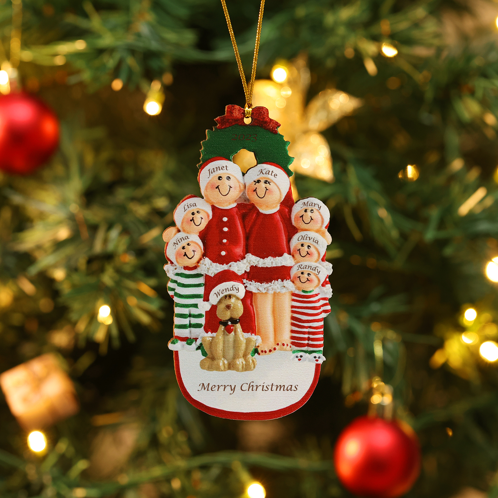 Famiglia in vestito natalizio con cane carino 8 nomi personalizzabili