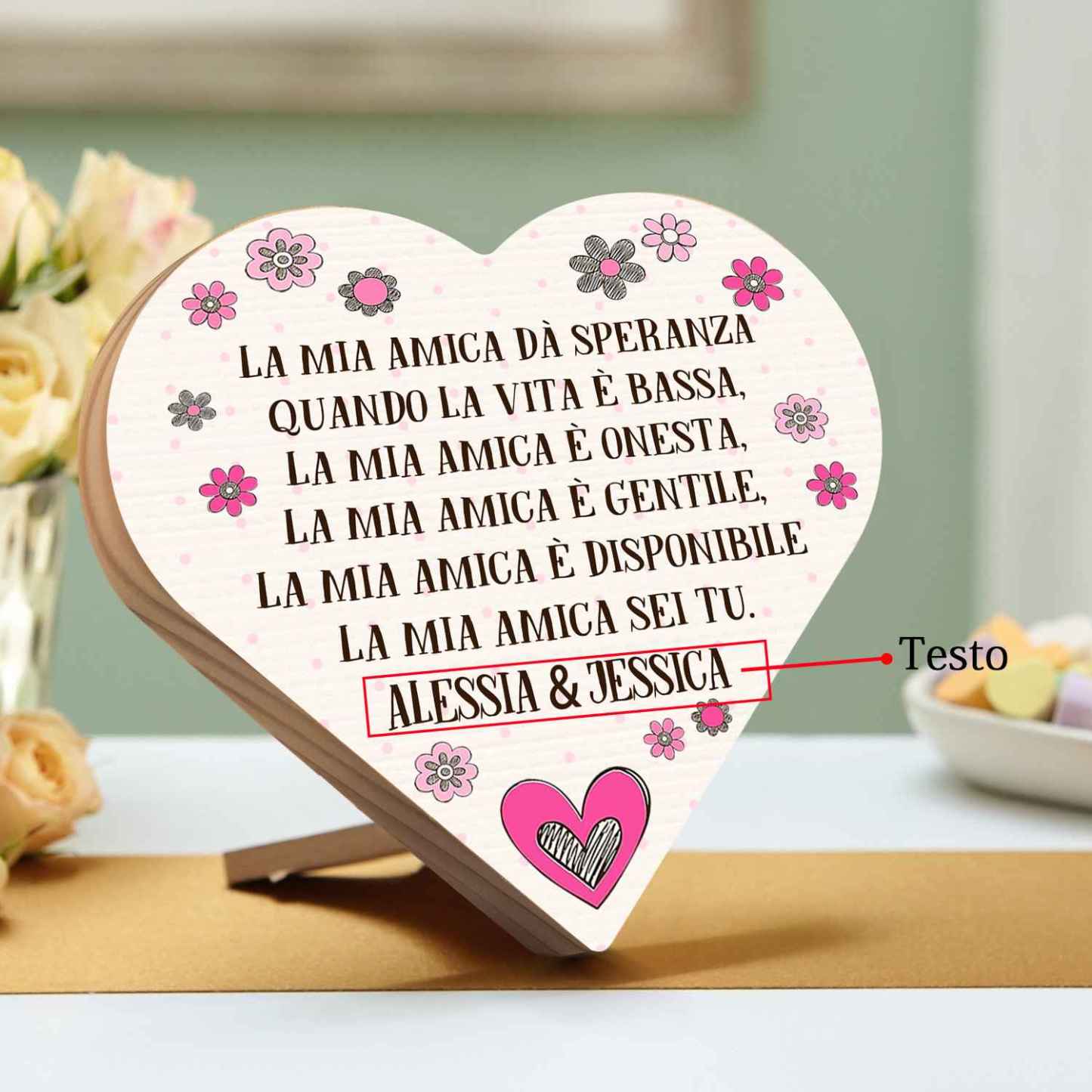 Decorazione targa casa legno cuore personalizzata testo per amici amiche amicizia regalo compleanno trasferimento