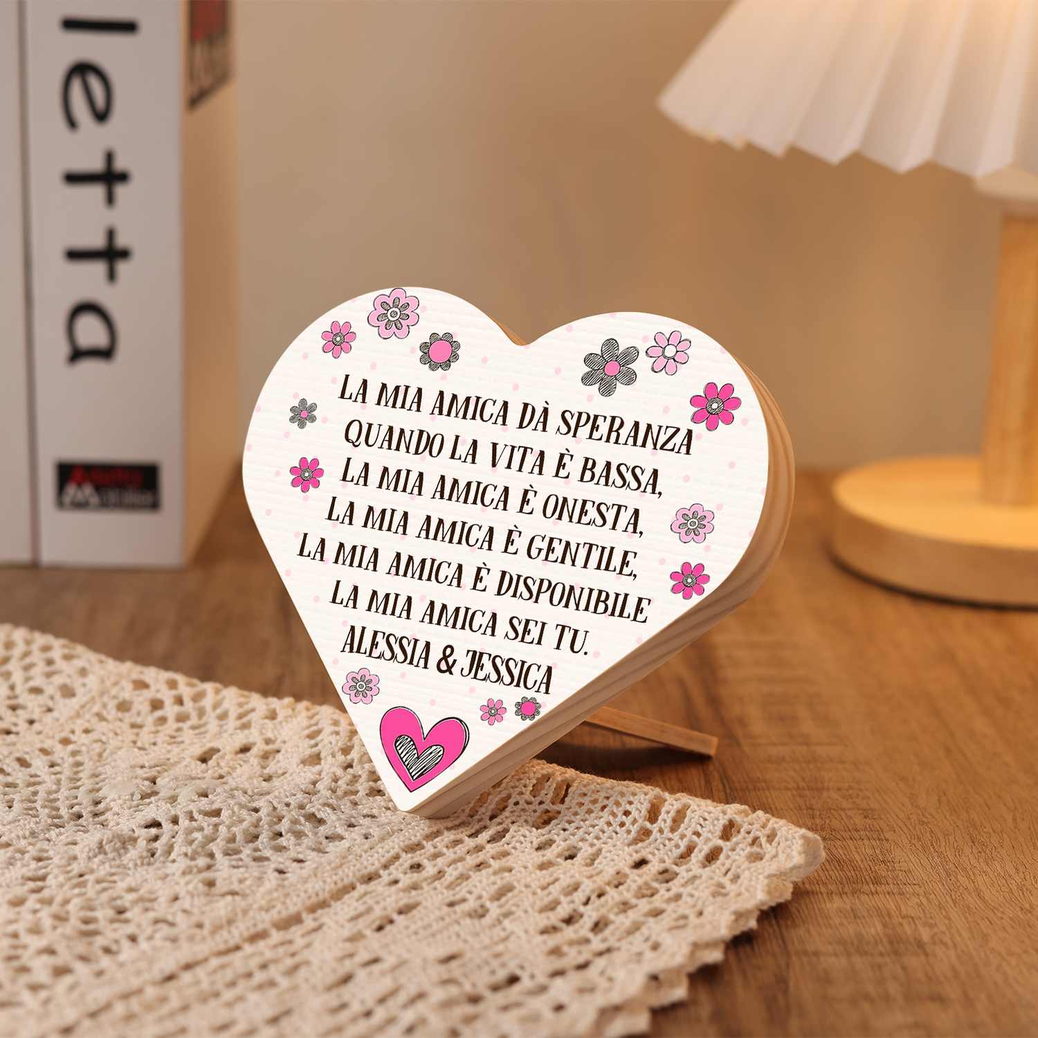 Decorazione targa casa legno cuore personalizzata testo per amici amiche amicizia regalo compleanno trasferimento