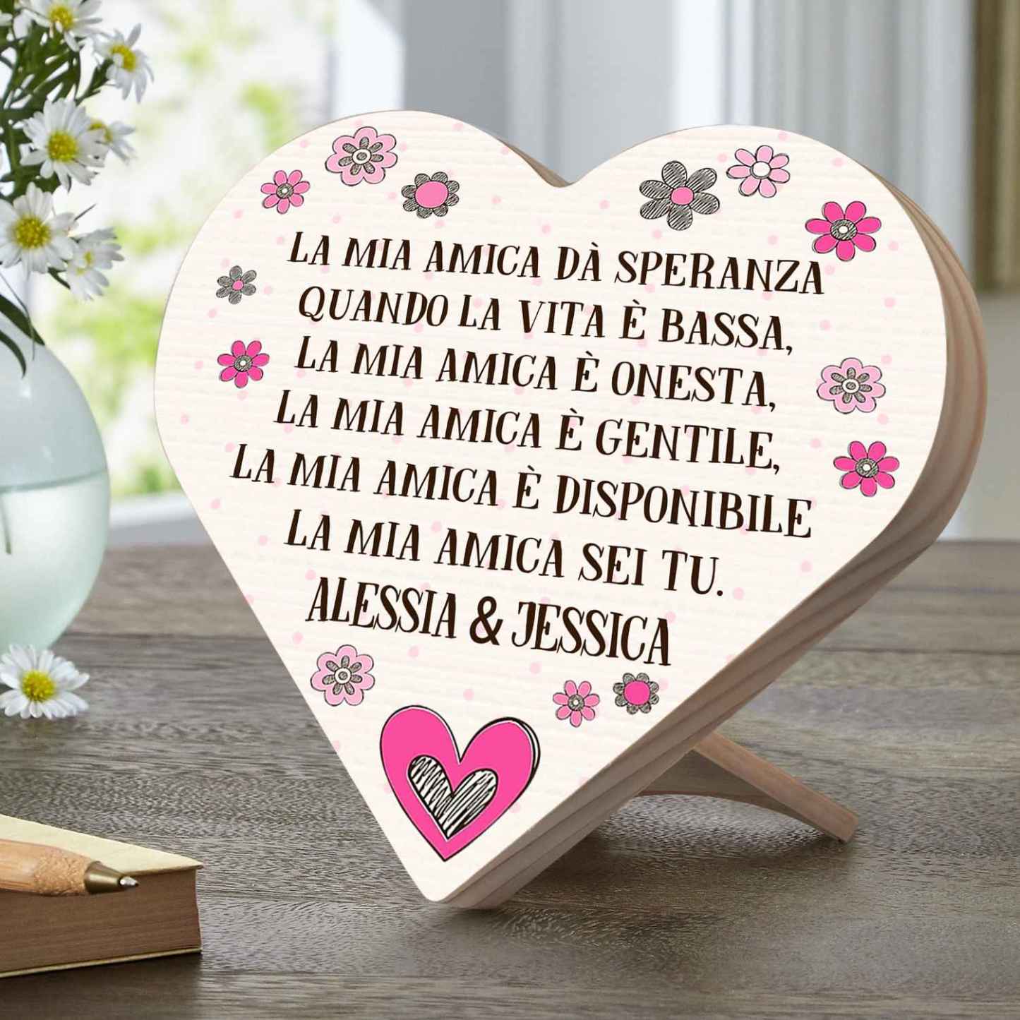 Decorazione targa casa legno cuore personalizzata testo per amici amiche amicizia regalo compleanno trasferimento