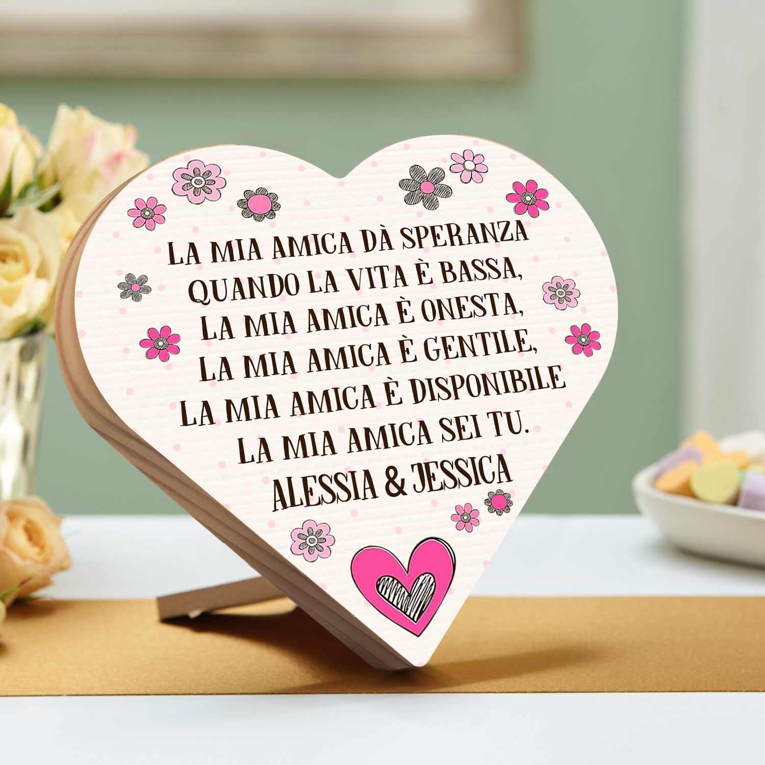 Decorazione targa casa legno cuore personalizzata testo per amici amiche amicizia regalo compleanno trasferimento