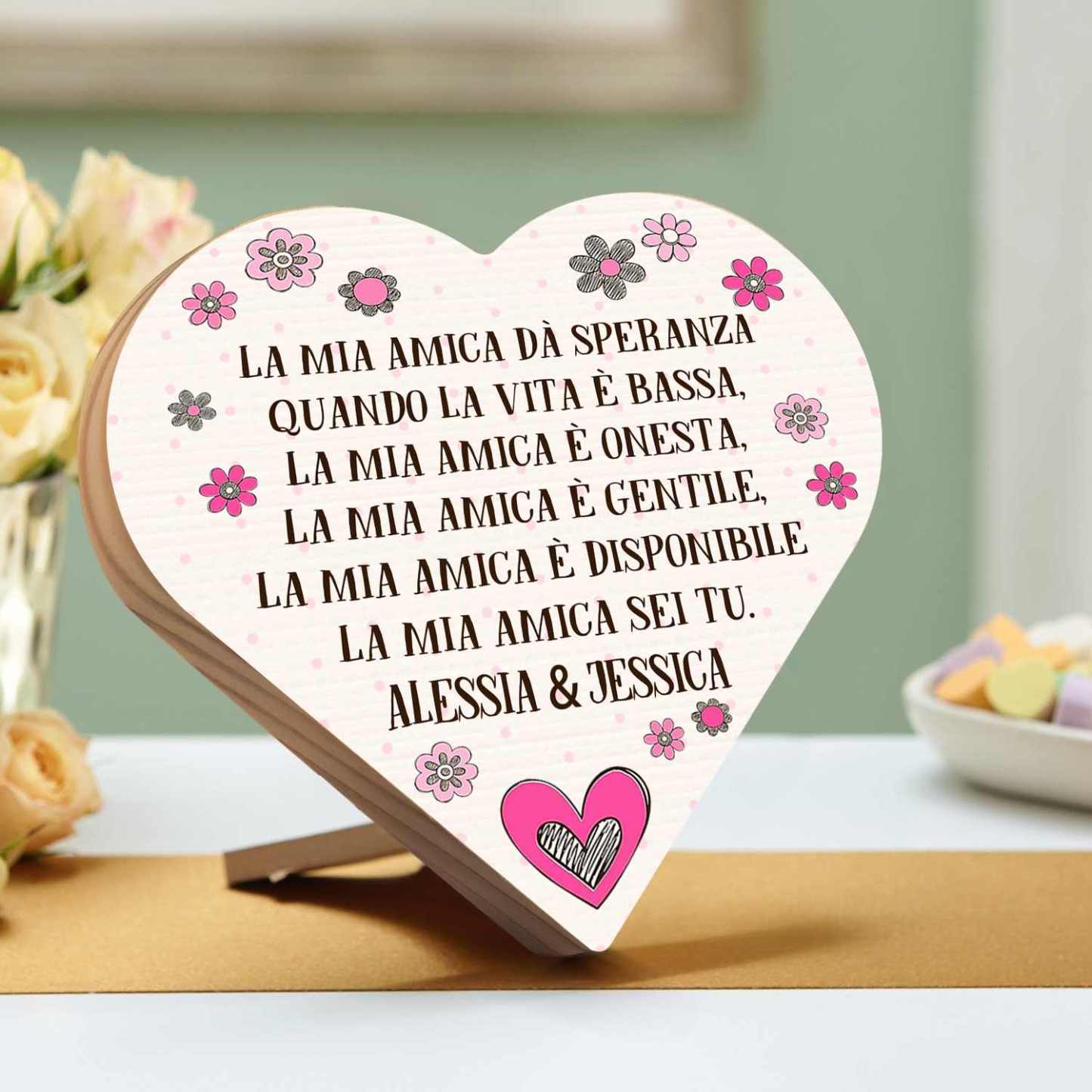 Decorazione targa casa legno cuore personalizzata testo per amici amiche amicizia regalo compleanno trasferimento