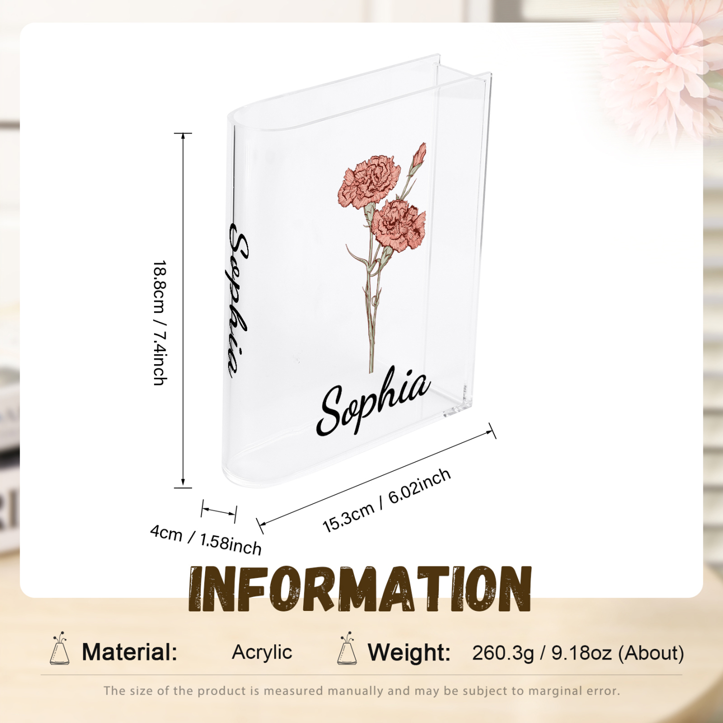 Ornamento in acrilico a forma di libro personalizzato con 1 fiore di nascita e 2 nomi anche usato come un vaso 