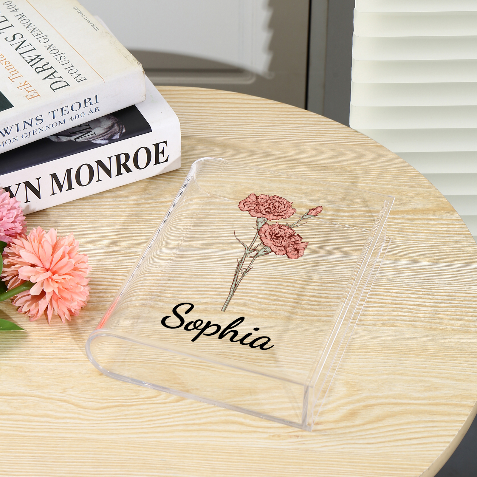 Ornamento in acrilico a forma di libro personalizzato con 1 fiore di nascita e 2 nomi anche usato come un vaso 