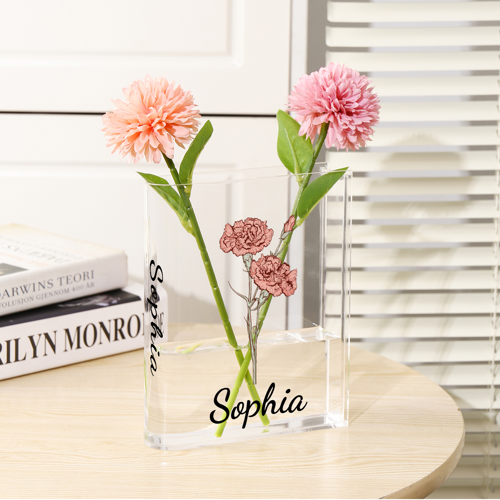 Ornamento in acrilico a forma di libro personalizzato con 1 fiore di nascita e 2 nomi anche usato come un vaso 