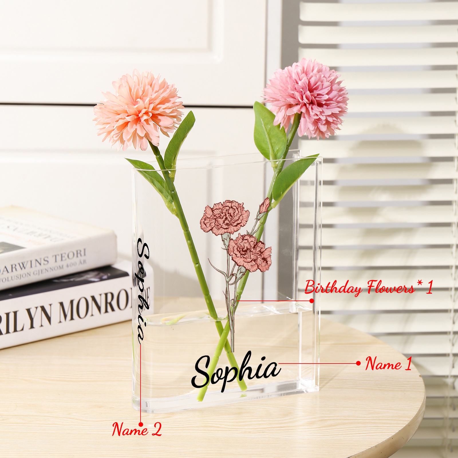 Ornamento in acrilico a forma di libro personalizzato con 1 fiore di nascita e 2 nomi anche usato come un vaso 