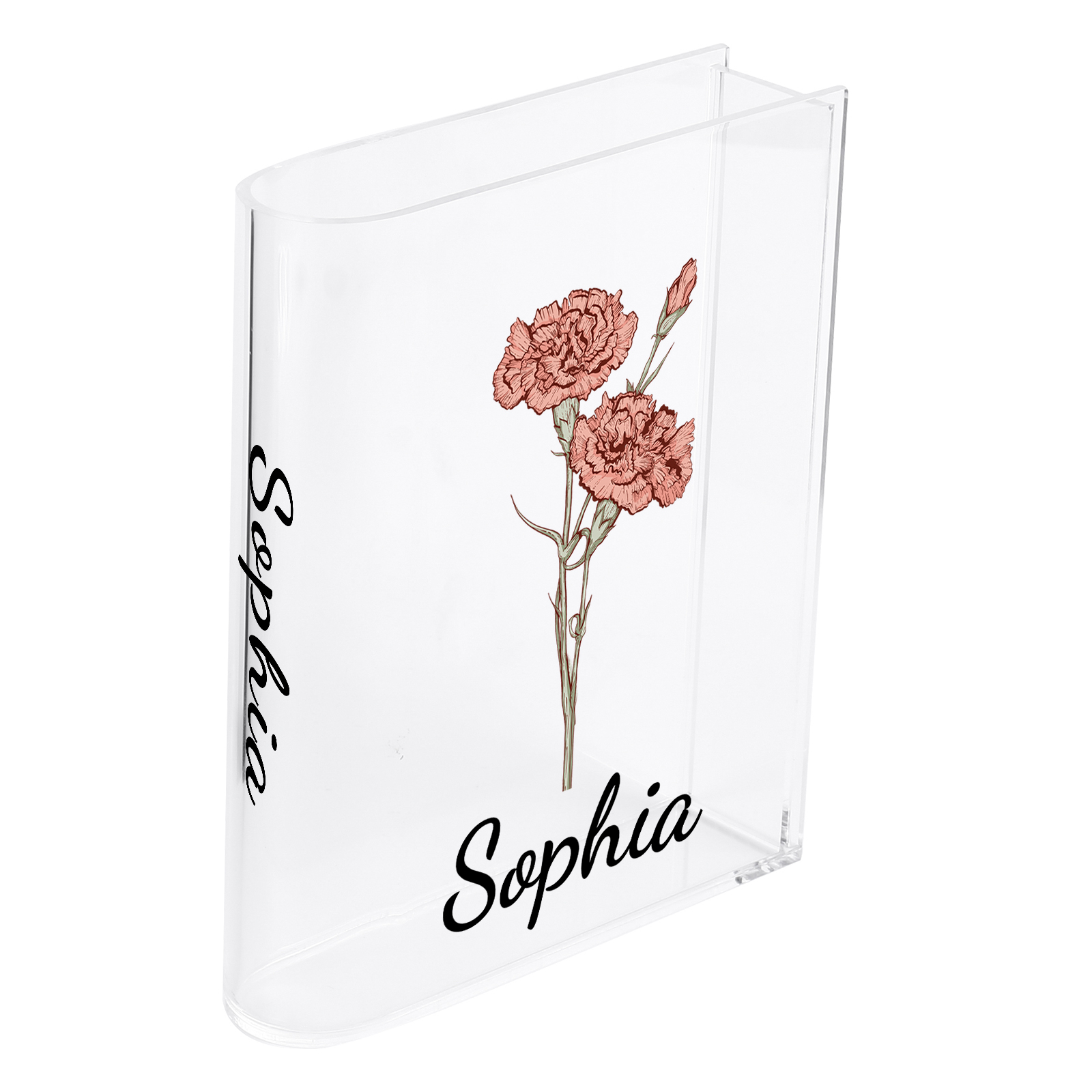 Ornamento in acrilico a forma di libro personalizzato con 1 fiore di nascita e 2 nomi anche usato come un vaso 