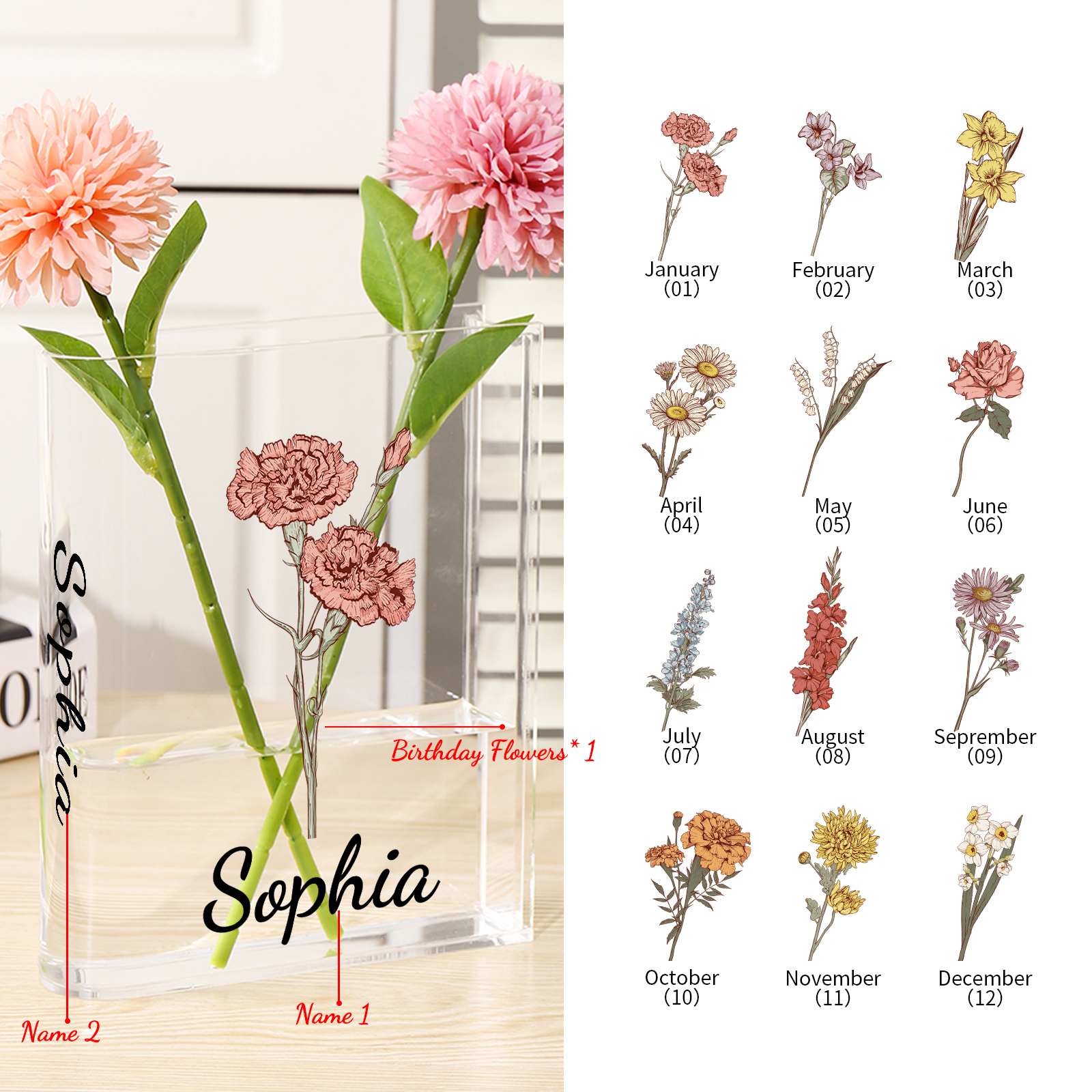 Ornamento in acrilico a forma di libro personalizzato con 1 fiore di nascita e 2 nomi anche usato come un vaso 