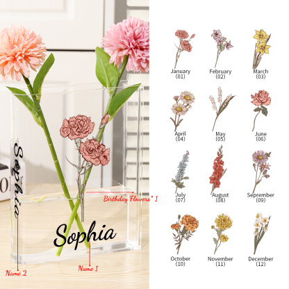 Ornamento in acrilico a forma di libro personalizzato con 1 fiore di nascita e 2 nomi anche usato come un vaso 