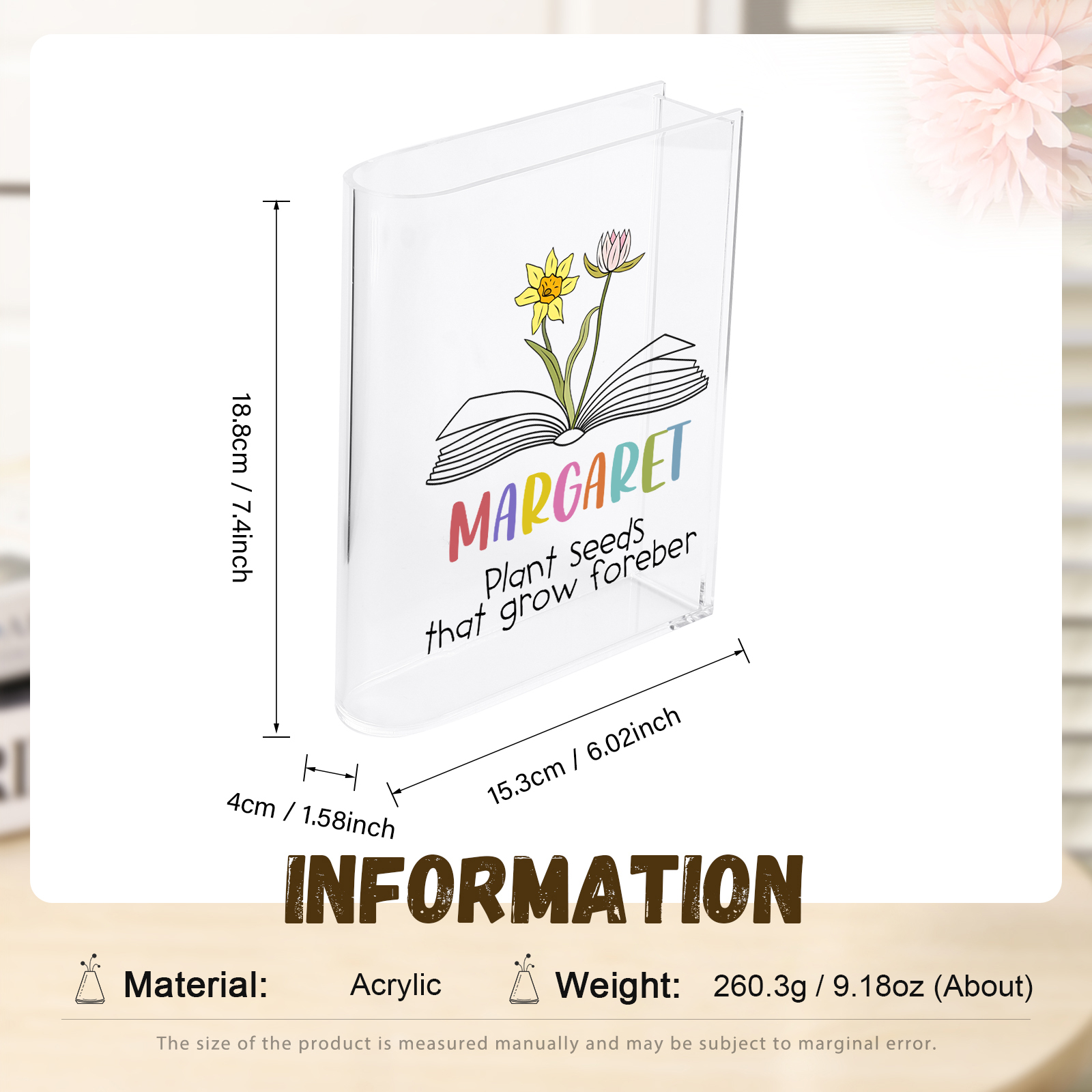 Ornamento in acrilico a forma di libro personalizzato con 2 fiori di nascita e 1 nome e 1 testo anche usato come un vaso 