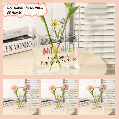 Ornamento in acrilico a forma di libro personalizzato con 3 fiori di nascita e 1 nome e 1 testo anche usato come un vaso 