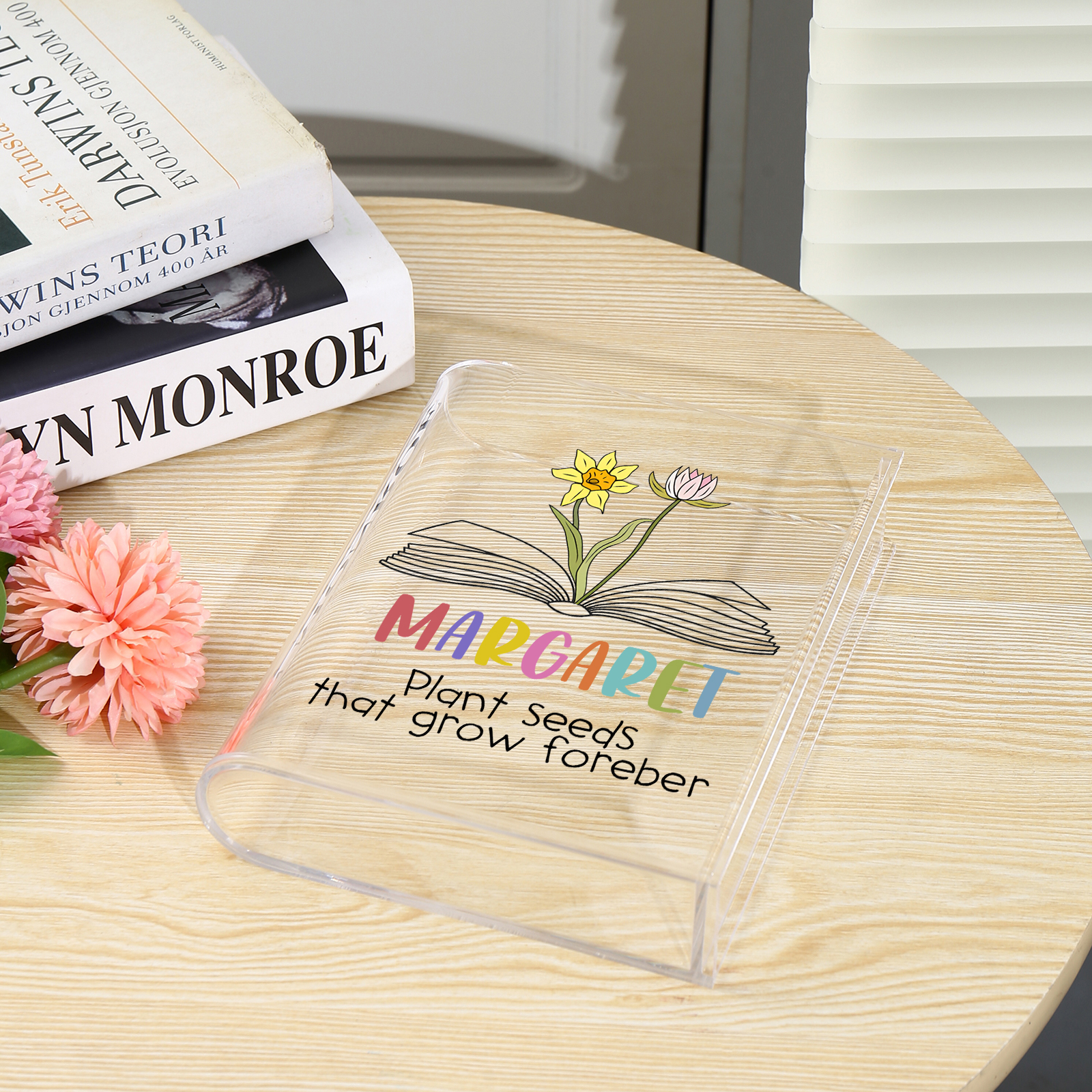 Ornamento in acrilico a forma di libro personalizzato con 2 fiori di nascita e 1 nome e 1 testo anche usato come un vaso 