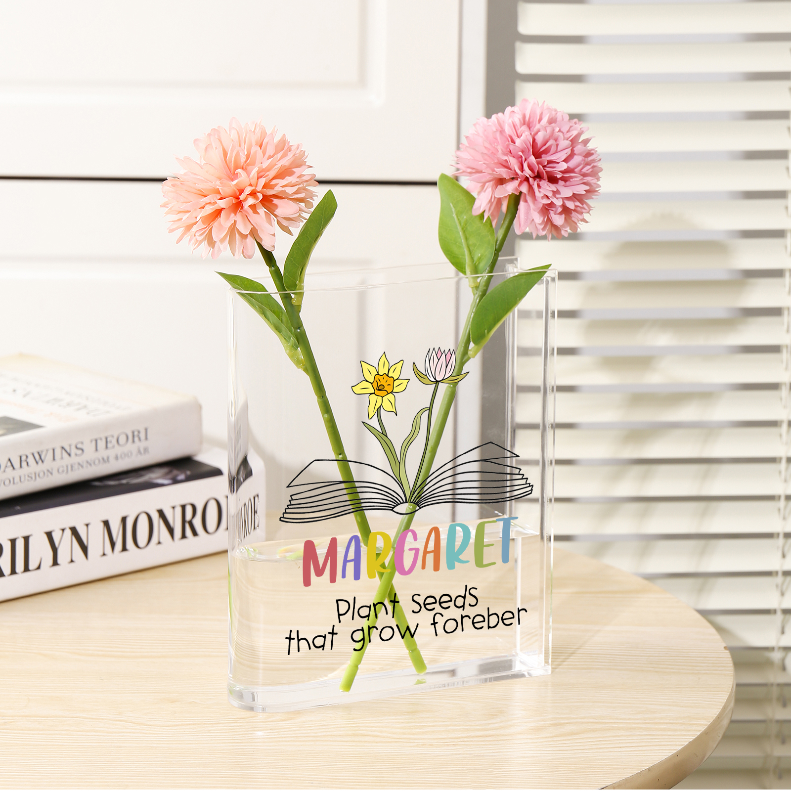 Ornamento in acrilico a forma di libro personalizzato con 2 fiori di nascita e 1 nome e 1 testo anche usato come un vaso 
