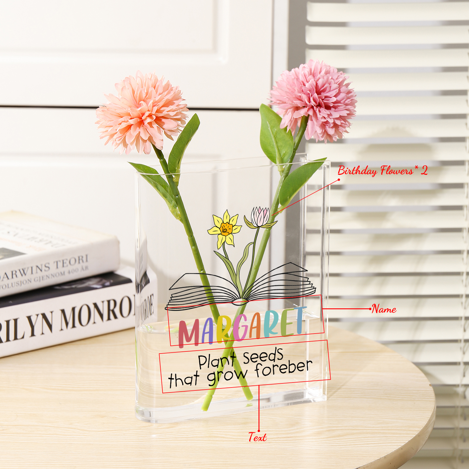 Ornamento in acrilico a forma di libro personalizzato con 2 fiori di nascita e 1 nome e 1 testo anche usato come un vaso 