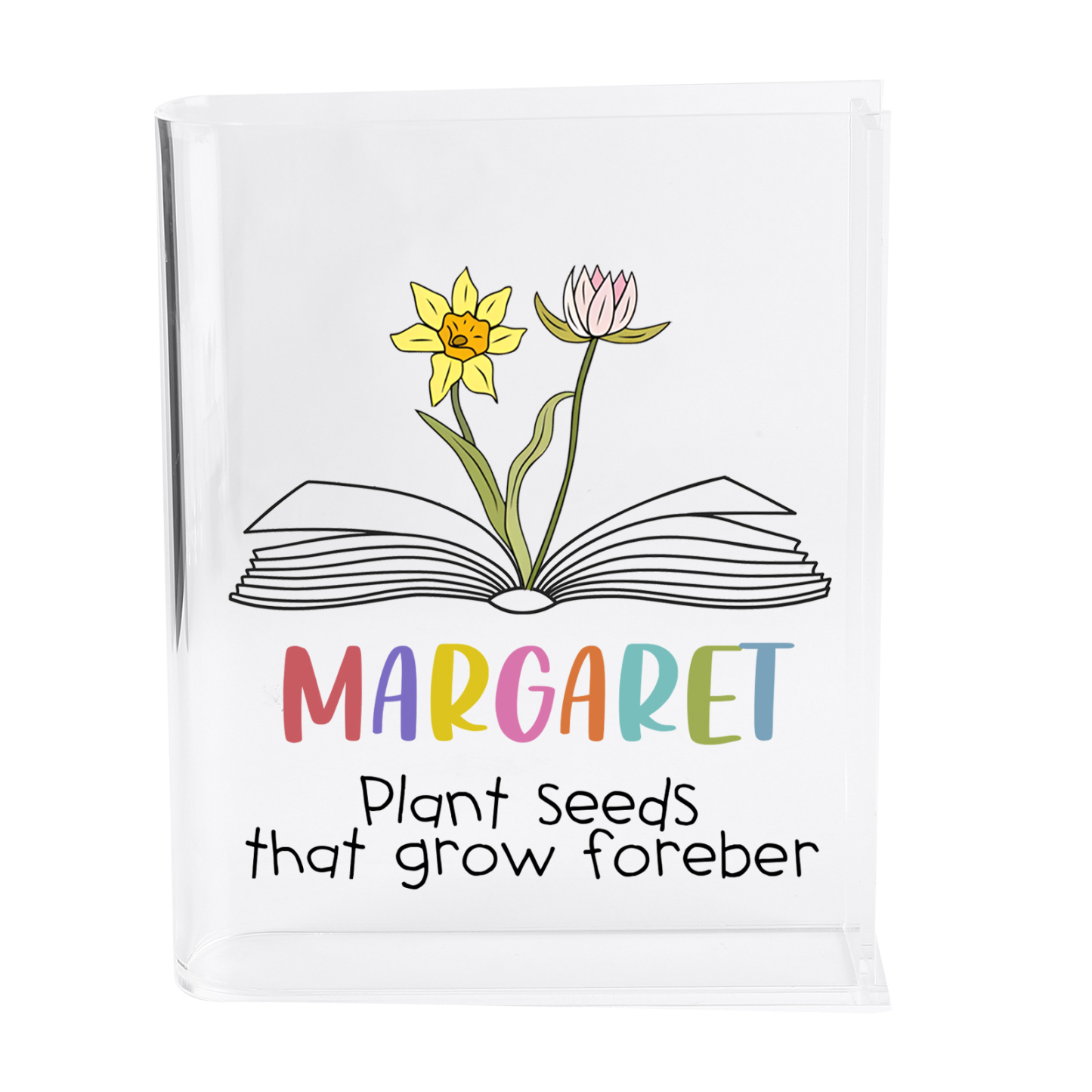 Ornamento in acrilico a forma di libro personalizzato con 2 fiori di nascita e 1 nome e 1 testo anche usato come un vaso 