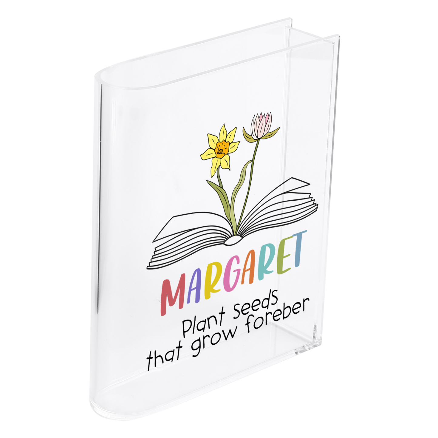 Ornamento in acrilico a forma di libro personalizzato con 2 fiori di nascita e 1 nome e 1 testo anche usato come un vaso 