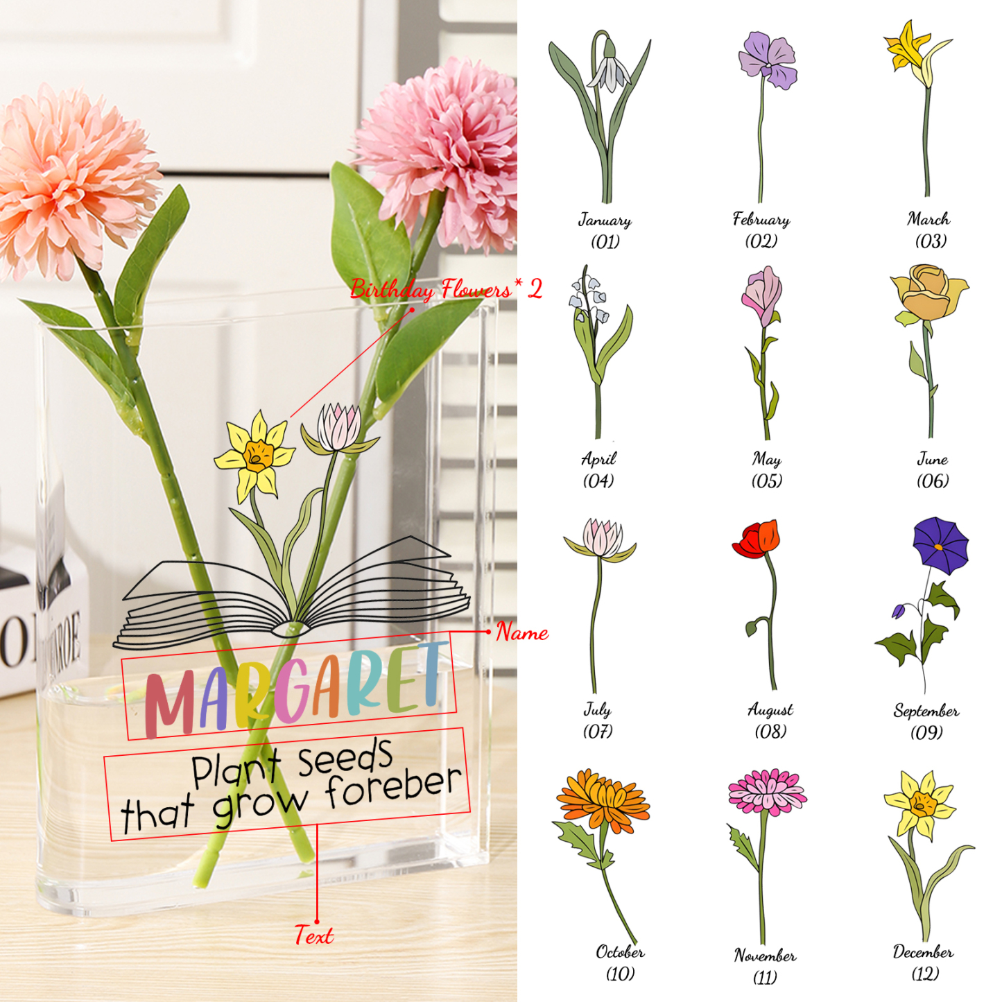 Ornamento in acrilico a forma di libro personalizzato con 2 fiori di nascita e 1 nome e 1 testo anche usato come un vaso 