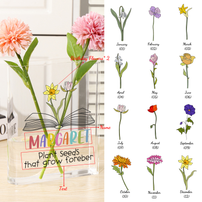 Ornamento in acrilico a forma di libro personalizzato con 2 fiori di nascita e 1 nome e 1 testo anche usato come un vaso 