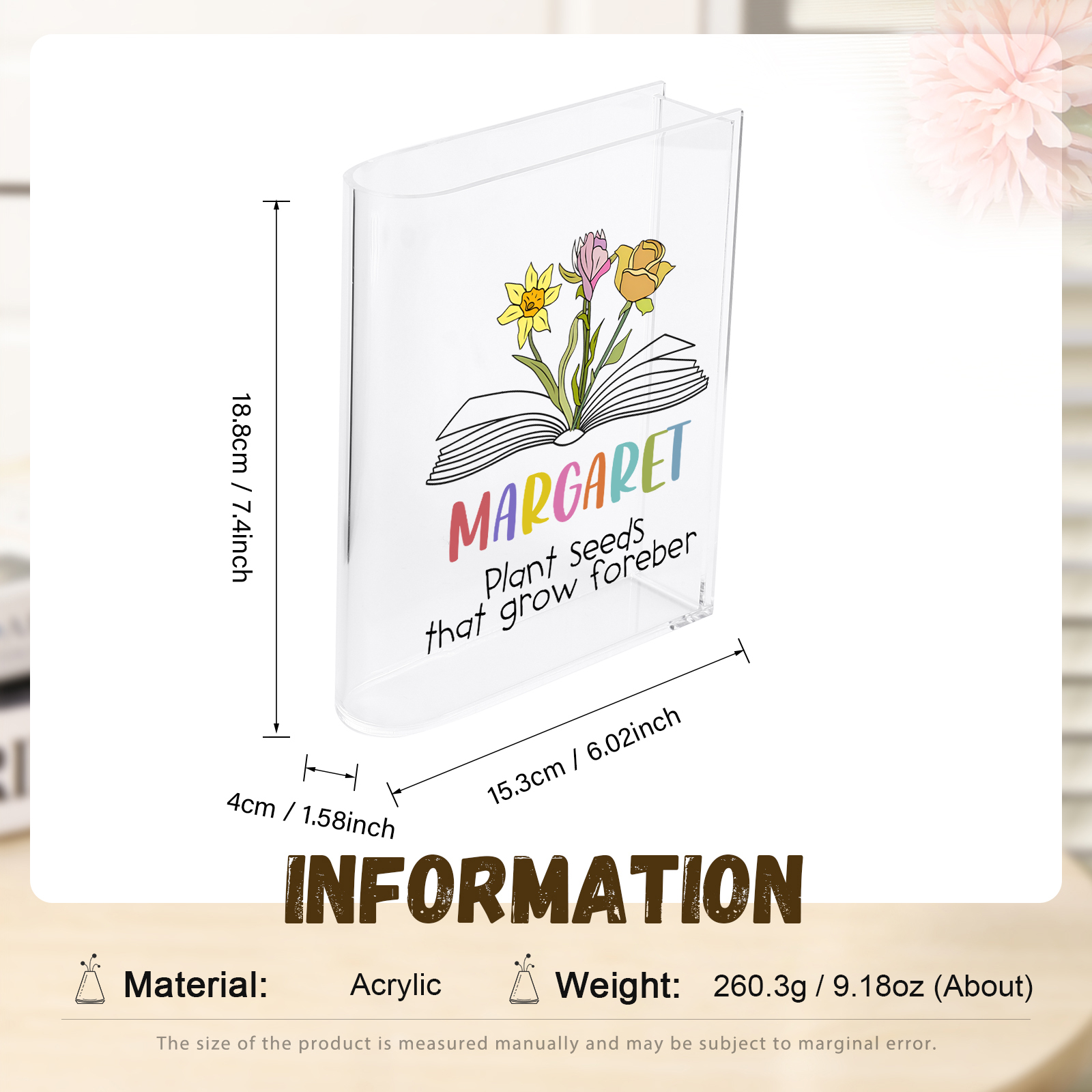 Ornamento in acrilico a forma di libro personalizzato con 3 fiori di nascita e 1 nome e 1 testo anche usato come un vaso 