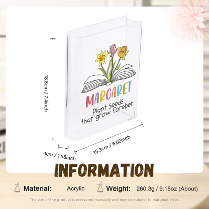 Ornamento in acrilico a forma di libro personalizzato con 3 fiori di nascita e 1 nome e 1 testo anche usato come un vaso 