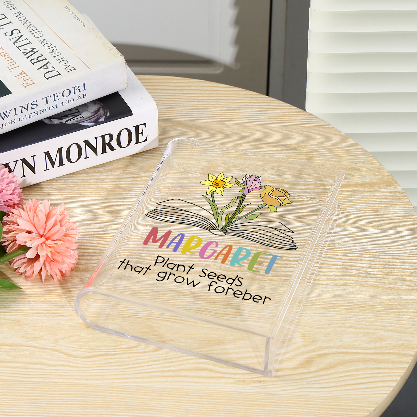 Ornamento in acrilico a forma di libro personalizzato con 3 fiori di nascita e 1 nome e 1 testo anche usato come un vaso 