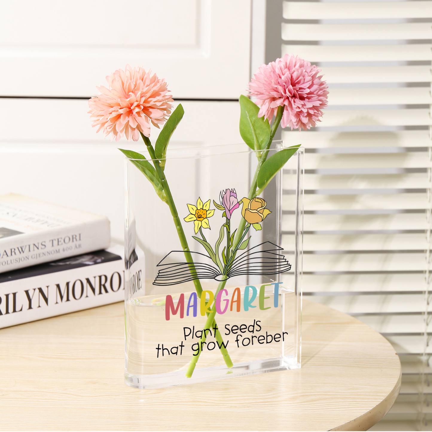 Ornamento in acrilico a forma di libro personalizzato con 3 fiori di nascita e 1 nome e 1 testo anche usato come un vaso 