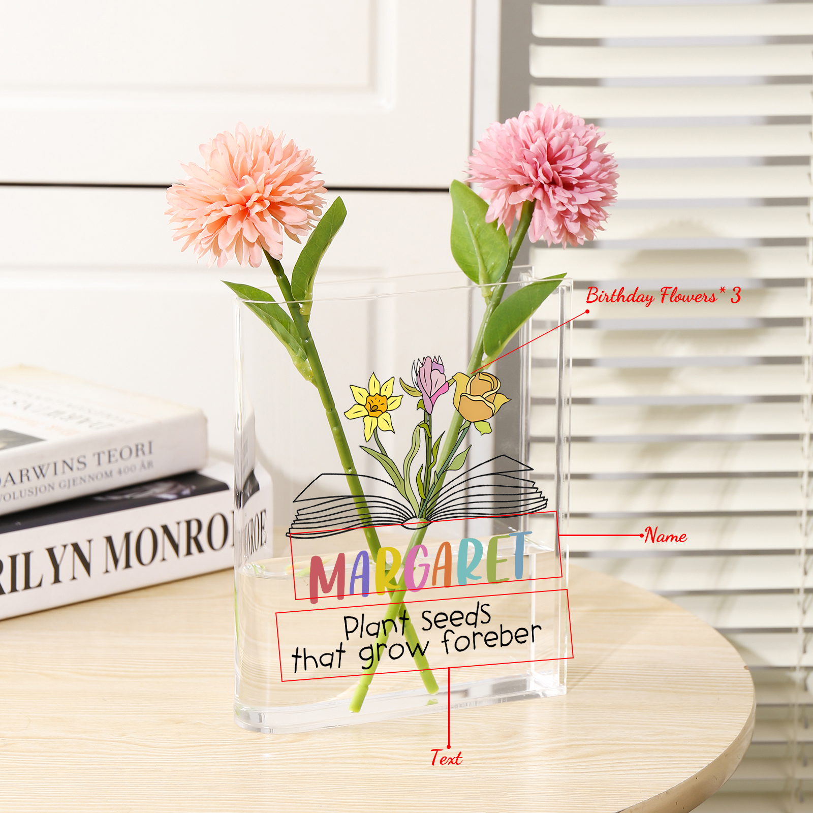 Ornamento in acrilico a forma di libro personalizzato con 3 fiori di nascita e 1 nome e 1 testo anche usato come un vaso 