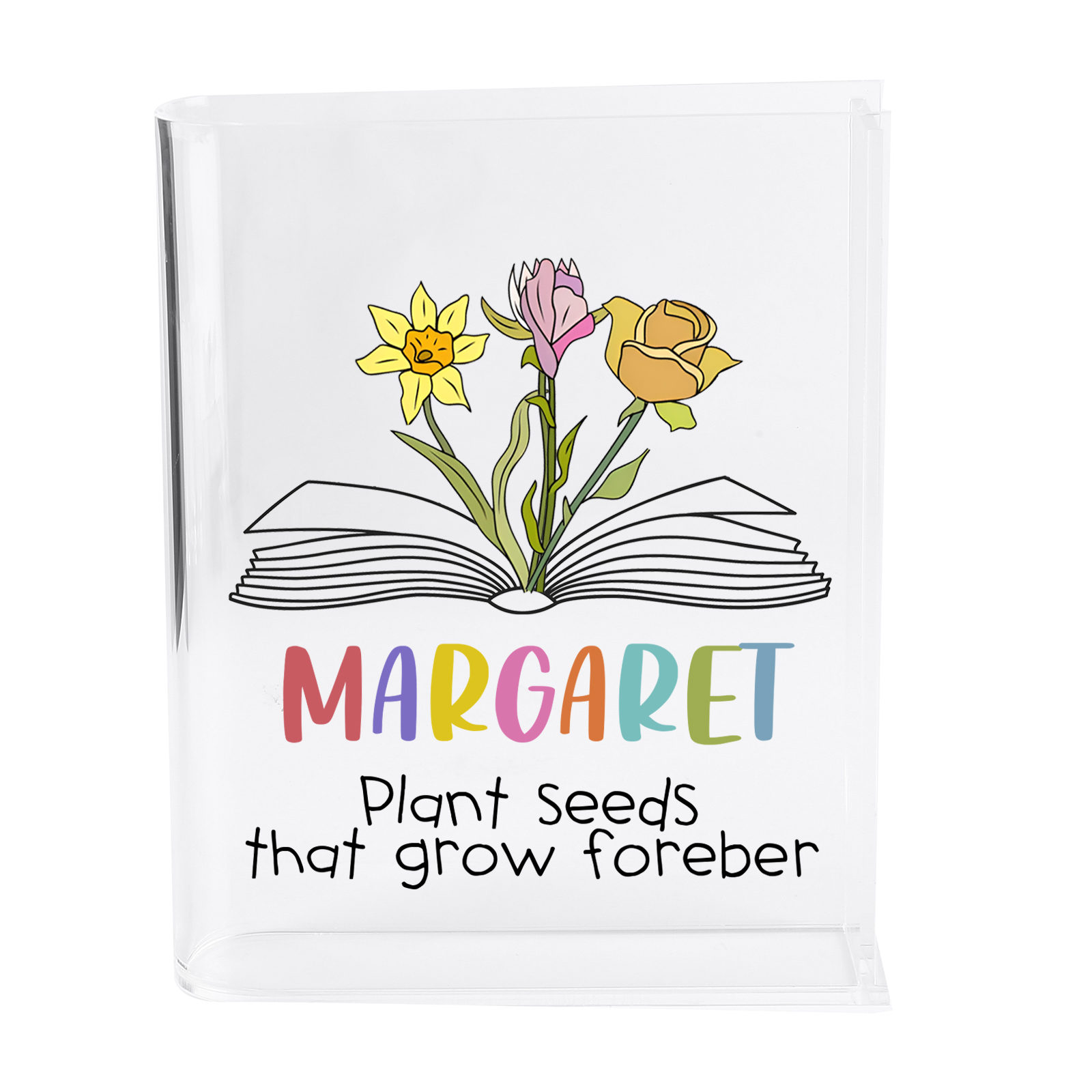 Ornamento in acrilico a forma di libro personalizzato con 3 fiori di nascita e 1 nome e 1 testo anche usato come un vaso 