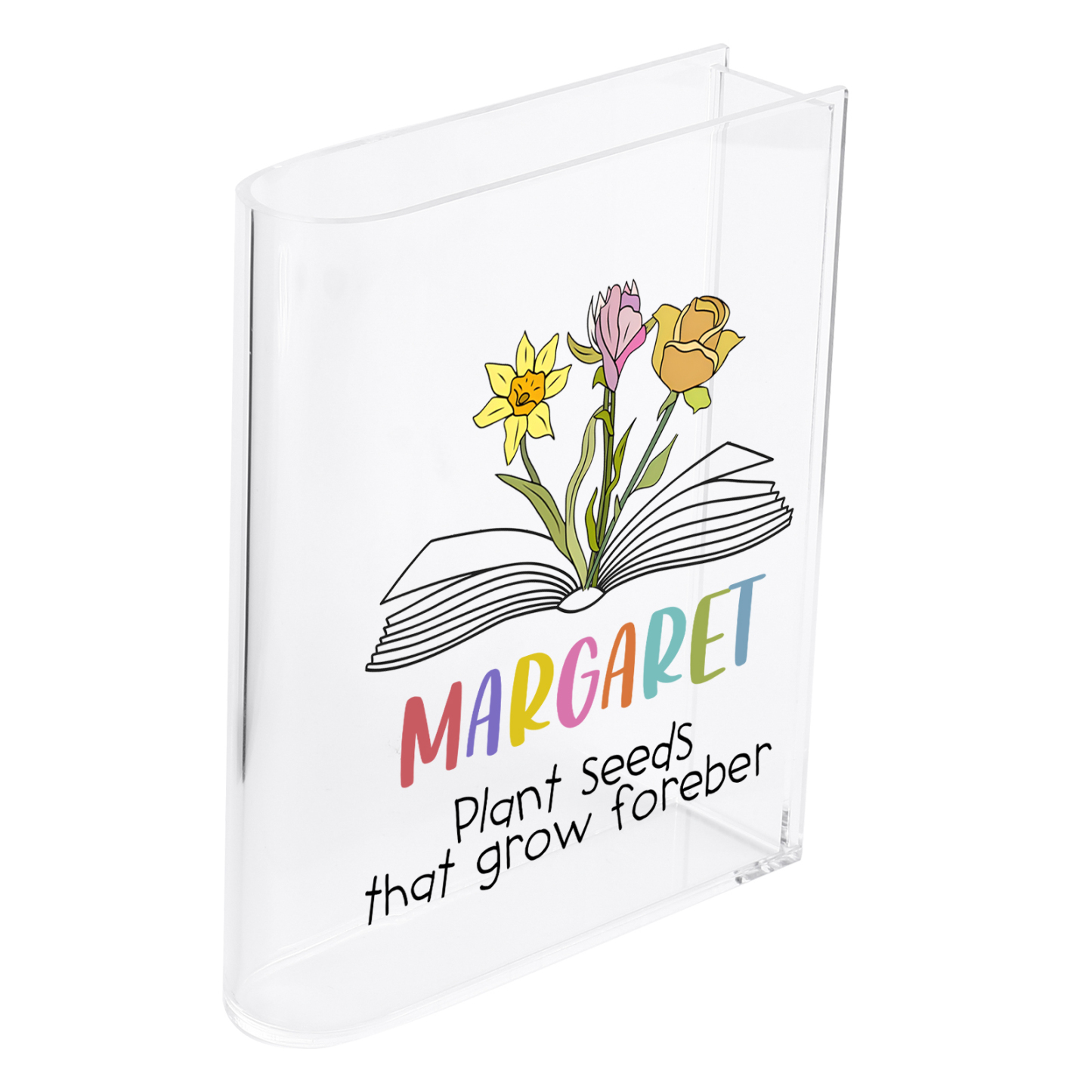 Ornamento in acrilico a forma di libro personalizzato con 3 fiori di nascita e 1 nome e 1 testo anche usato come un vaso 