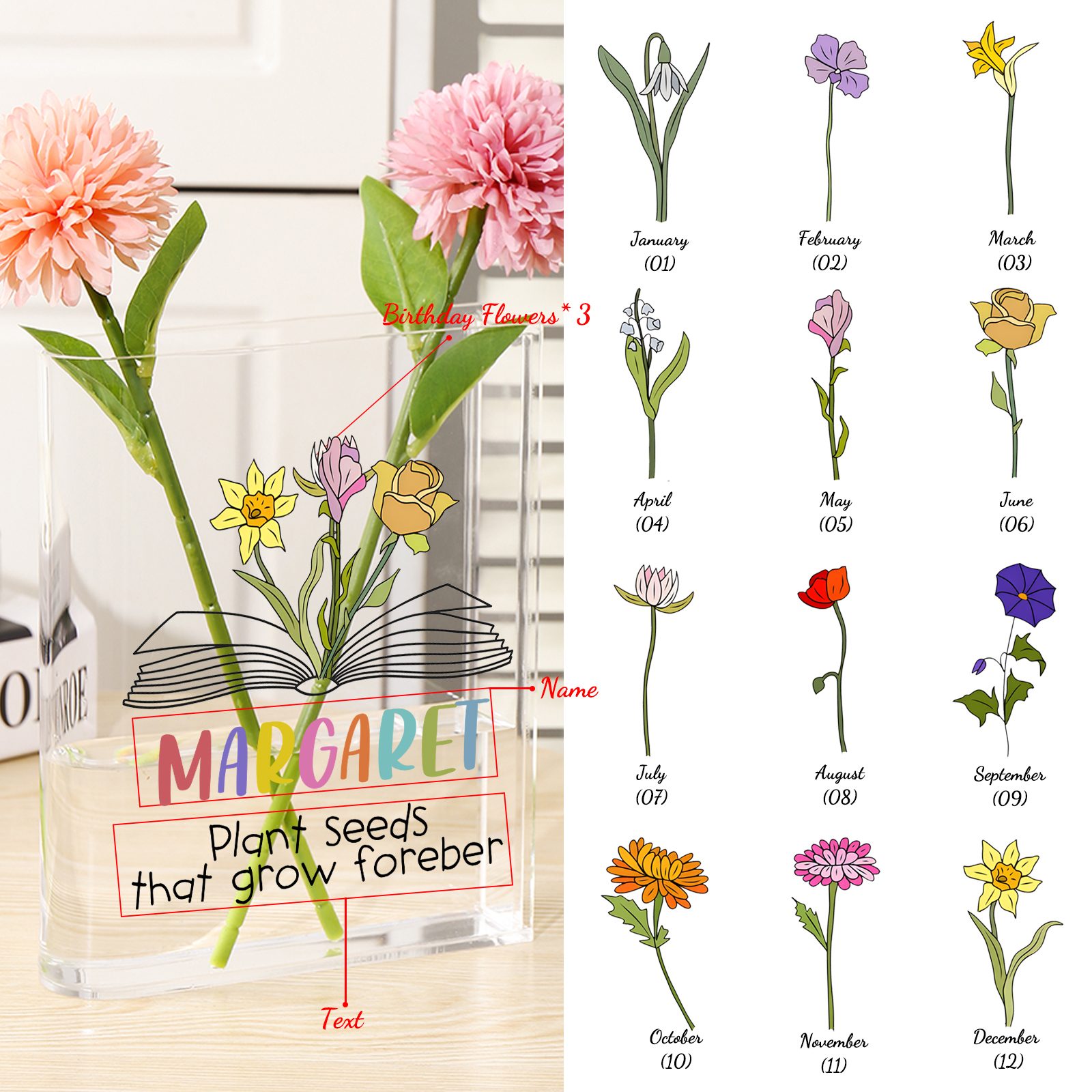 Ornamento in acrilico a forma di libro personalizzato con 3 fiori di nascita e 1 nome e 1 testo anche usato come un vaso 
