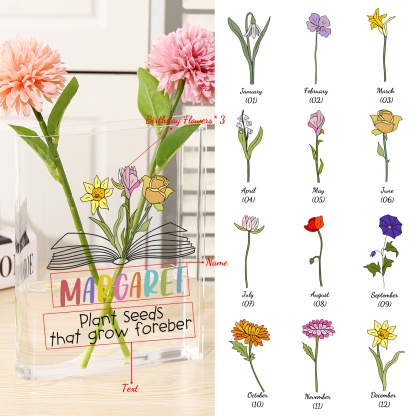 Ornamento in acrilico a forma di libro personalizzato con 3 fiori di nascita e 1 nome e 1 testo anche usato come un vaso 