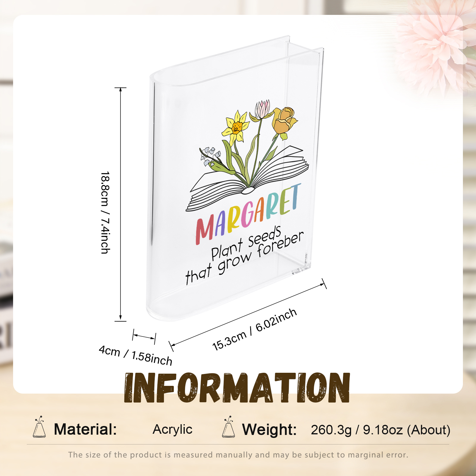 Ornamento in acrilico a forma di libro personalizzato con 4 fiori di nascita e 1 nome e 1 testo anche usato come un vaso 