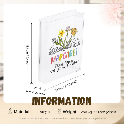 Ornamento in acrilico a forma di libro personalizzato con 4 fiori di nascita e 1 nome e 1 testo anche usato come un vaso 