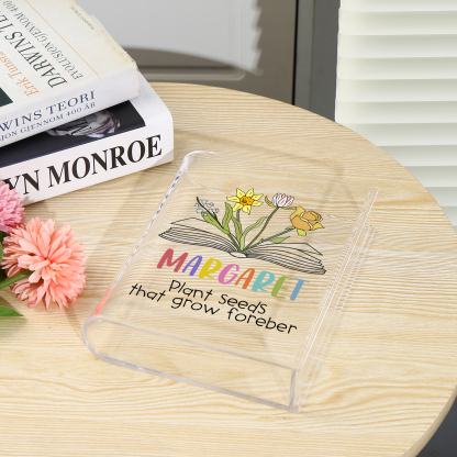 Ornamento in acrilico a forma di libro personalizzato con 4 fiori di nascita e 1 nome e 1 testo anche usato come un vaso 