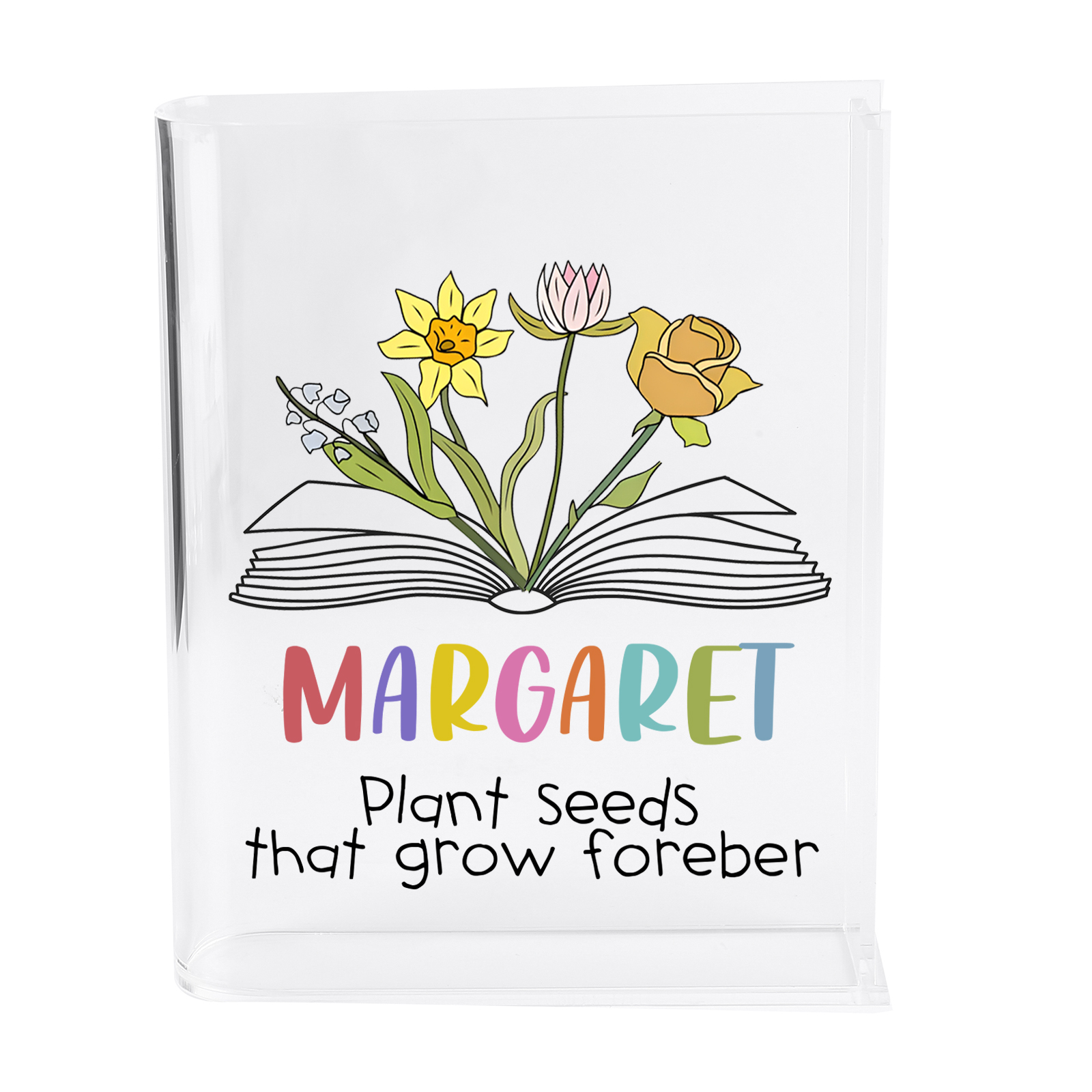 Ornamento in acrilico a forma di libro personalizzato con 4 fiori di nascita e 1 nome e 1 testo anche usato come un vaso 