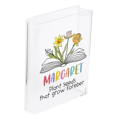 Ornamento in acrilico a forma di libro personalizzato con 4 fiori di nascita e 1 nome e 1 testo anche usato come un vaso 