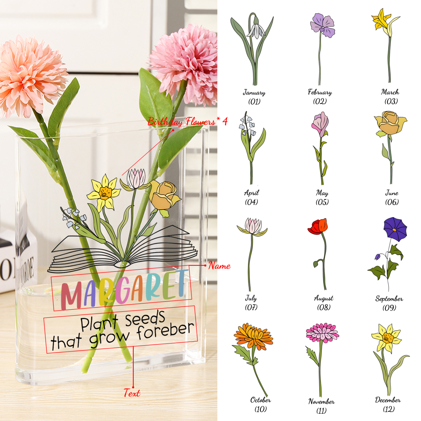 Ornamento in acrilico a forma di libro personalizzato con 4 fiori di nascita e 1 nome e 1 testo anche usato come un vaso 