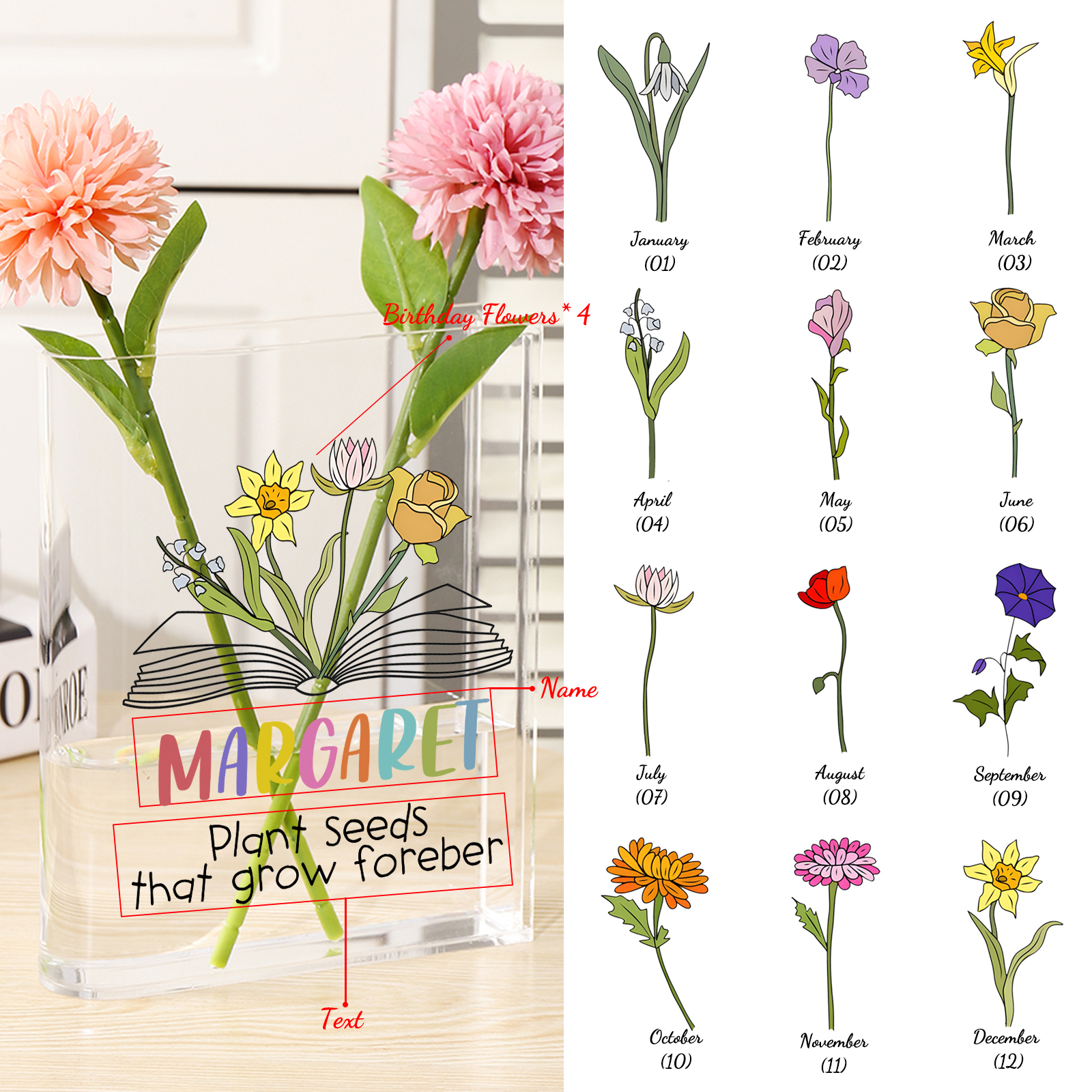 Ornamento in acrilico a forma di libro personalizzato con 4 fiori di nascita e 1 nome e 1 testo anche usato come un vaso 