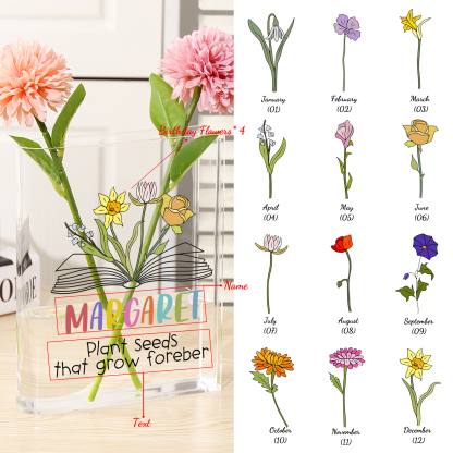 Ornamento in acrilico a forma di libro personalizzato con 4 fiori di nascita e 1 nome e 1 testo anche usato come un vaso 