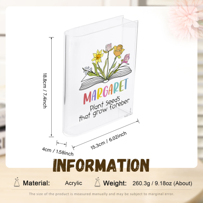 Ornamento in acrilico a forma di libro personalizzato con 5 fiori di nascita e 1 nome e 1 testo anche usato come un vaso 